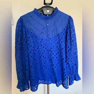 Women's Blue Lace Eyelet Ruffle Neck Button Long Sleeve Blouse XXL